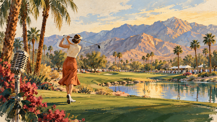 AI-generated editorial illustration of an anonymous golfer, desert mountains, a pond and a vintage microphone; not a photograph of Dinah Shore or Mission Hills