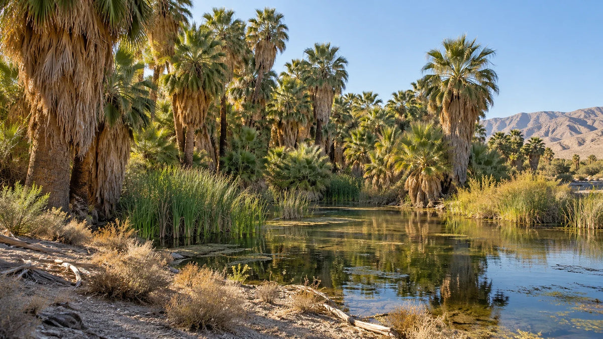 AI-generated editorial illustration of a California fan-palm oasis inspired by Dos Palmas; interpretive viewpoint and layout
