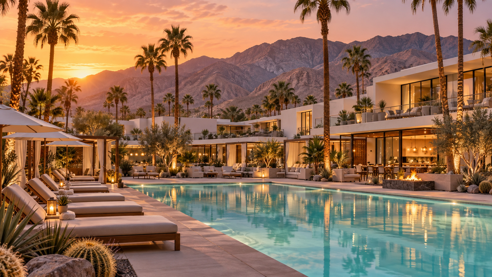 AI-generated concept illustration of a Palm Springs resort pool at sunset; not an official Dream Hotel rendering or construction photograph.