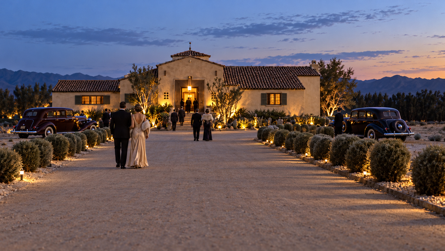 AI-generated historical reconstruction of an imagined late-1930s evening arrival at the Dunes Club in Cathedral City, based on an archival exterior photograph; not an archival photograph.