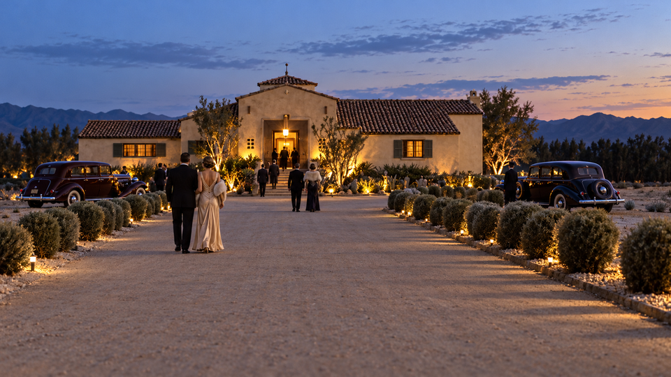 AI-generated historical reconstruction of an imagined late-1930s evening arrival at the Dunes Club in Cathedral City, based on an archival exterior photograph; not an archival photograph.