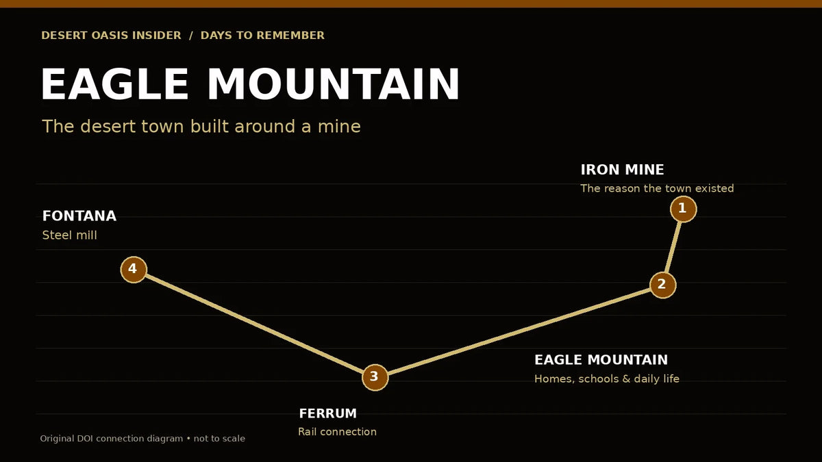 Original DOI schematic connecting Eagle Mountain’s mine and town to Ferrum and the Fontana steelworks; not to scale.