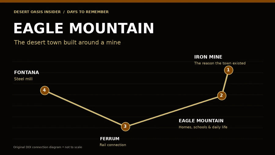 Original DOI schematic connecting Eagle Mountain’s mine and town to Ferrum and the Fontana steelworks; not to scale.