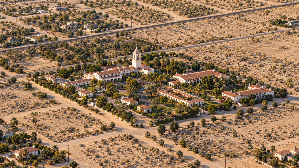 AI-generated historical reconstruction of an imagined early-1930s aerial view of El Mirador Hotel and the surrounding Palm Springs desert, informed by an archival aerial; not a documentary photograph or exact site survey.