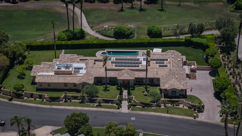 Aerial estate in Eldorado Country Club in Indian Wells, California, with golf course frontage