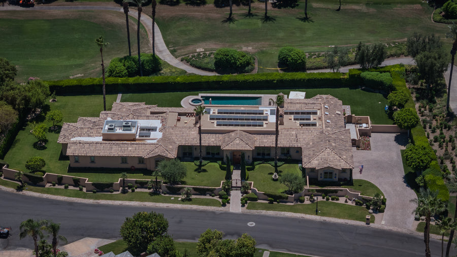 Aerial estate in Eldorado Country Club in Indian Wells, California, with golf course frontage