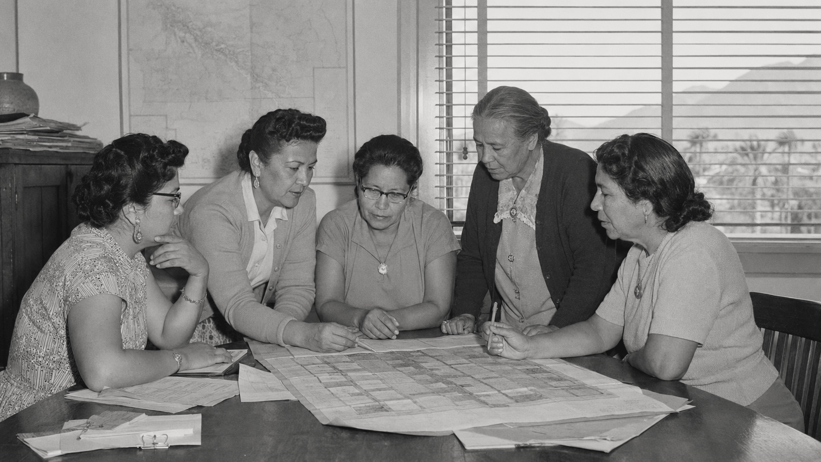 AI-generated reenactment. Five Agua Caliente women leaders review Palm Springs land plans.