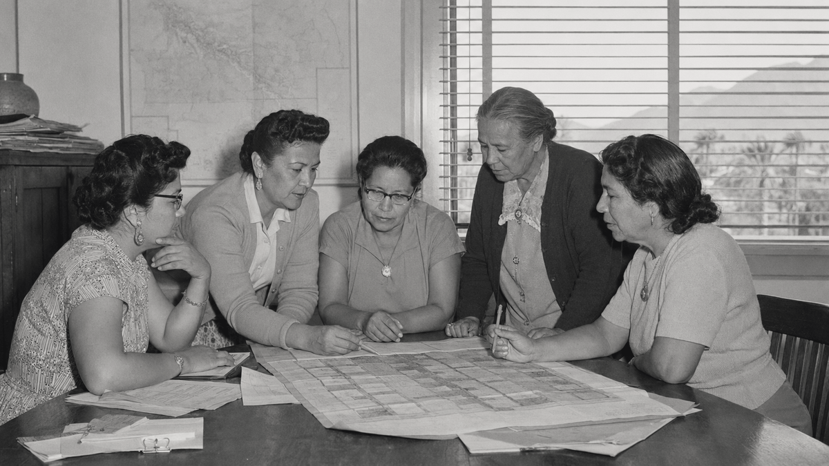 AI-generated historical reenactment of five Agua Caliente women leaders reviewing Palm Springs land plans; not an archival photograph.
