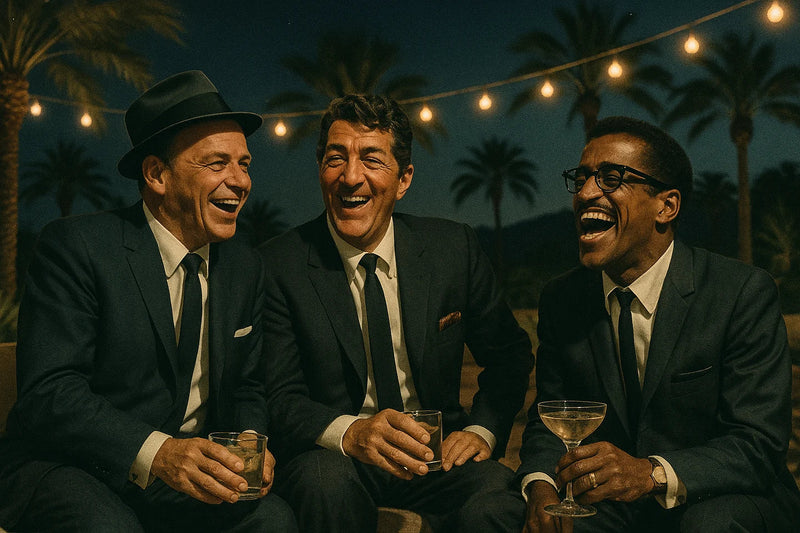 Illustration of Frank Sinatra and the Rat Pack laughing with drinks beneath string lights and palm trees.