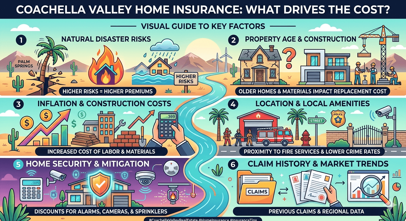 An infographic titled "Coachella Valley Home Insurance: What Drives the Cost?" featuring a desert-themed layout with six numbered sections. It illustrates factors like natural disaster risks (fire, flood, earthquake), property age, construction and labor 