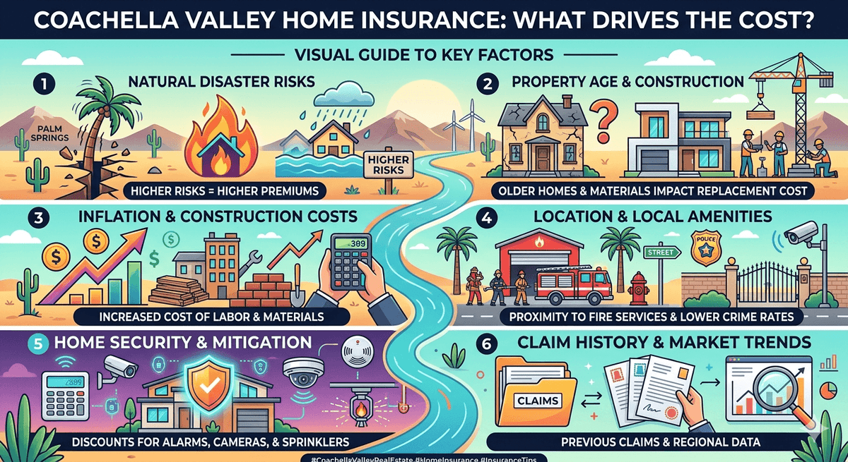An infographic titled "Coachella Valley Home Insurance: What Drives the Cost?" featuring a desert-themed layout with six numbered sections. It illustrates factors like natural disaster risks (fire, flood, earthquake), property age, construction and labor 
