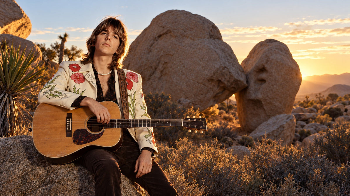 AI-generated imagined portrait of Gram Parsons holding an acoustic guitar in a Joshua Tree landscape