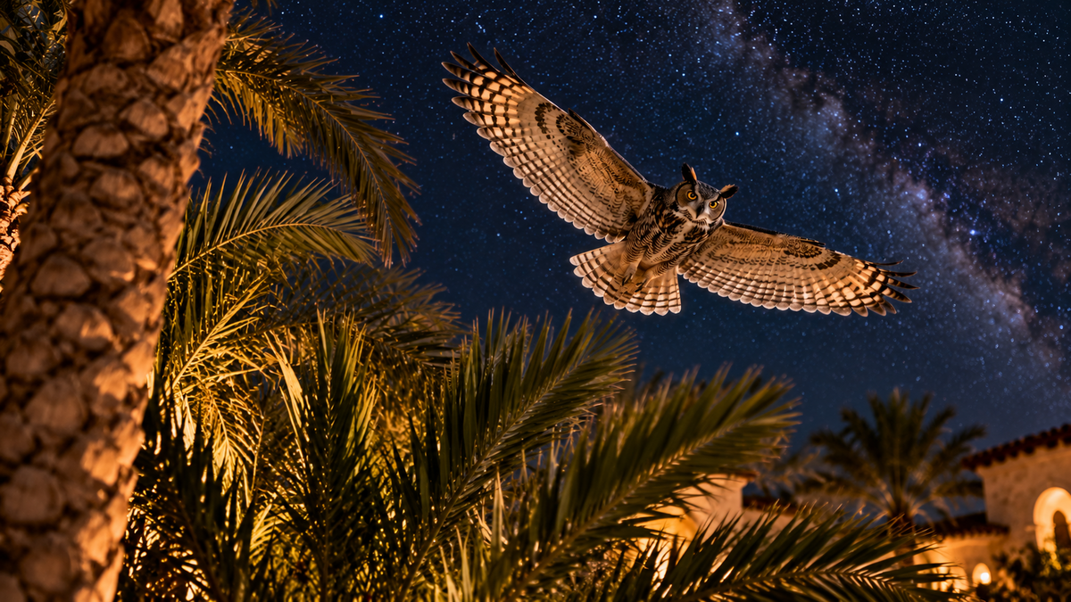 AI-generated illustration of a great horned owl flying above palms beneath a star-filled sky.