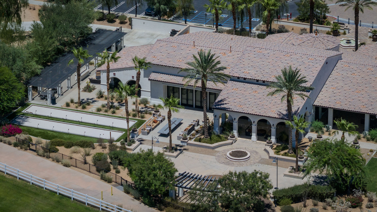 Aerial view of the Griffin Ranch clubhouse and bocce courts in La Quinta