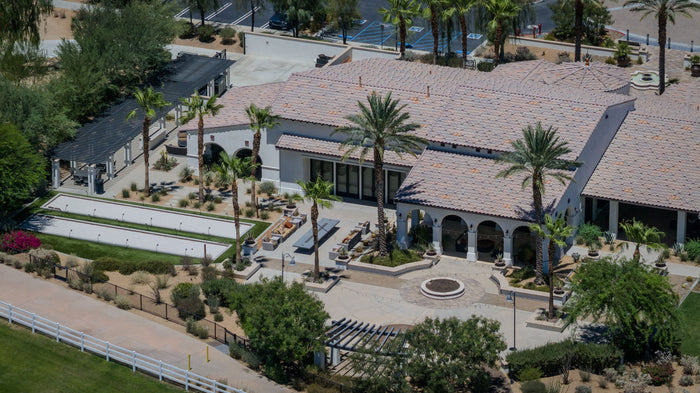 Aerial view of the Griffin Ranch clubhouse and bocce courts in La Quinta