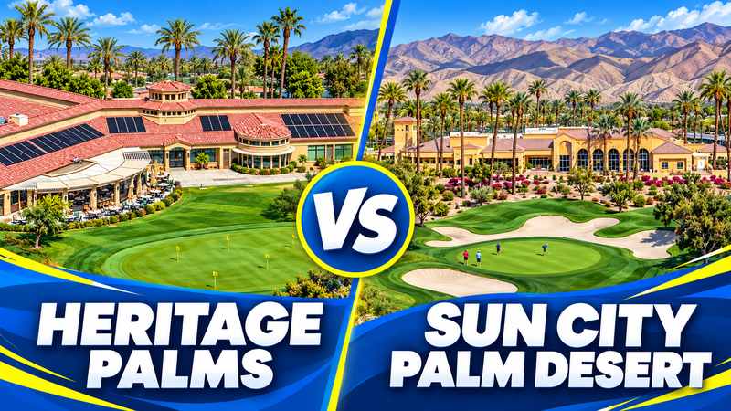 AI-stylized comparison based on amenity photographs: Heritage Palms clubhouse versus Sun City Palm Desert Mountain View Clubhouse and golf course, with Bloom-blue graphics.