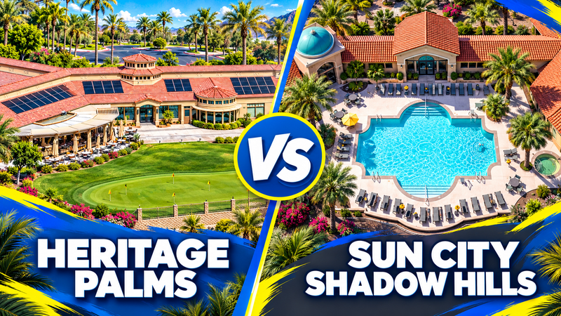 AI-stylized comparison based on amenity photographs: Heritage Palms clubhouse and putting green versus Sun City Shadow Hills resort pool, with Bloom-blue graphics.