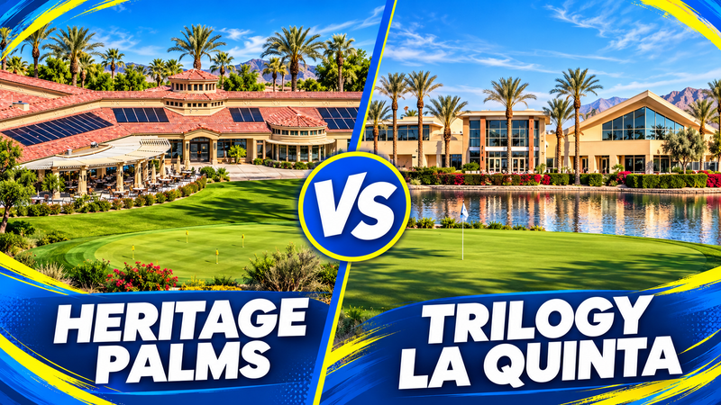 AI-stylized comparison based on amenity photographs: Heritage Palms clubhouse versus Trilogy La Quinta clubhouse and golf course, with Bloom-blue graphics.