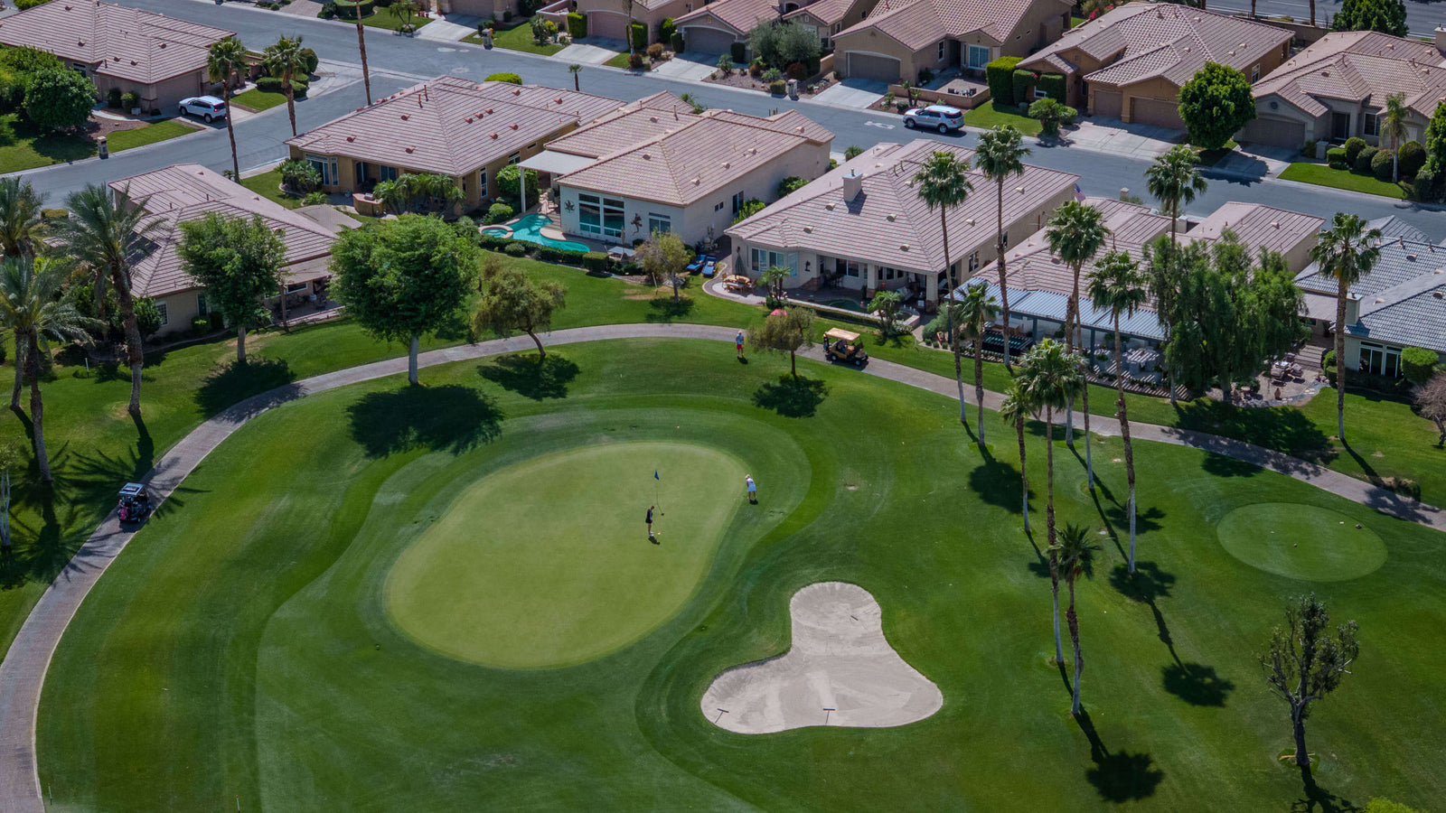 Aerial view of Heritage Palms golf course and surrounding homes in Indio