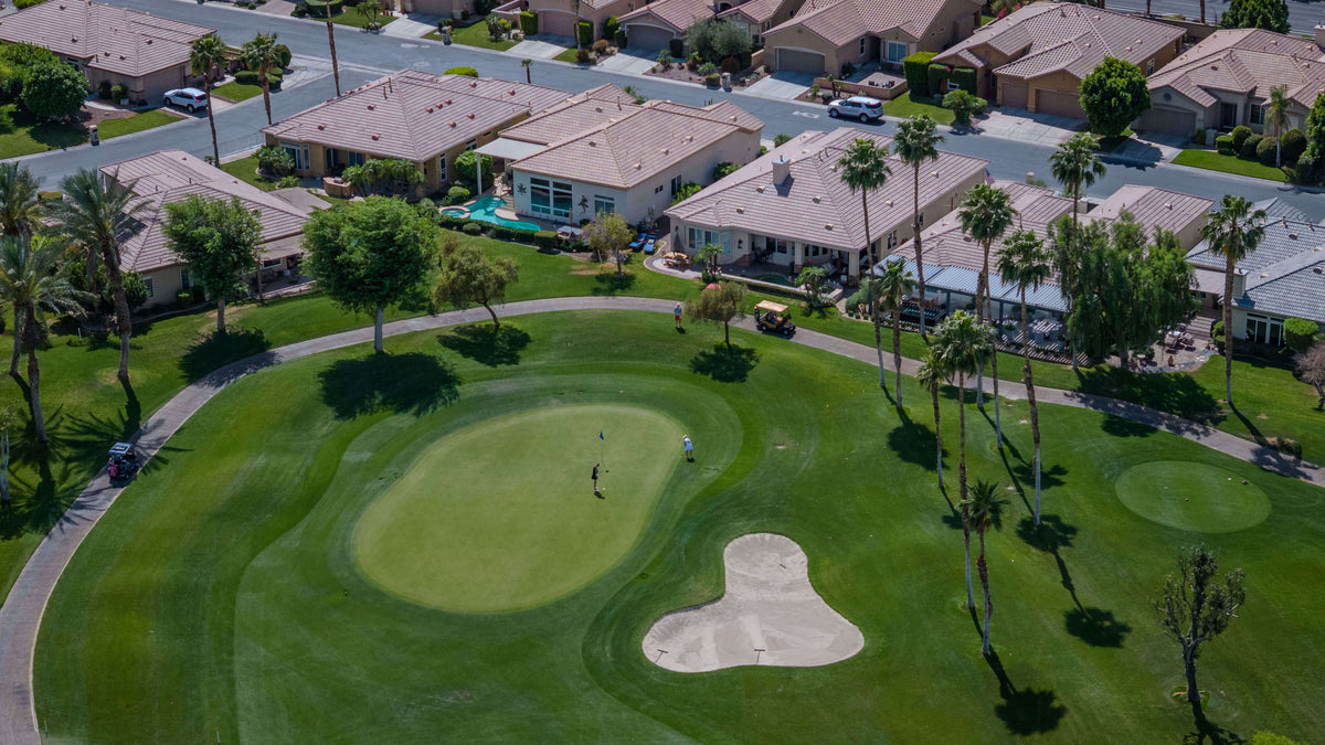 Aerial view of Heritage Palms golf course and surrounding homes in Indio