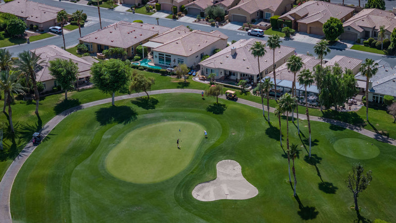 Aerial view of Heritage Palms golf course and surrounding homes in Indio