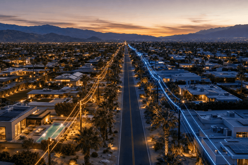 Blue-hour aerial view of Coachella Valley homes with contrasting IID and Southern California Edison power systems.