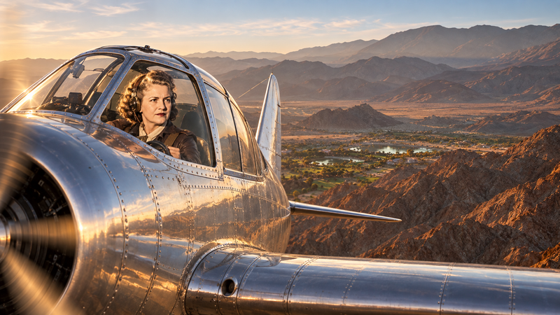 AI-generated illustration of Jacqueline Cochran piloting a vintage aircraft above the Coachella Valley, inspired by Mark Miller’s aerial photography.