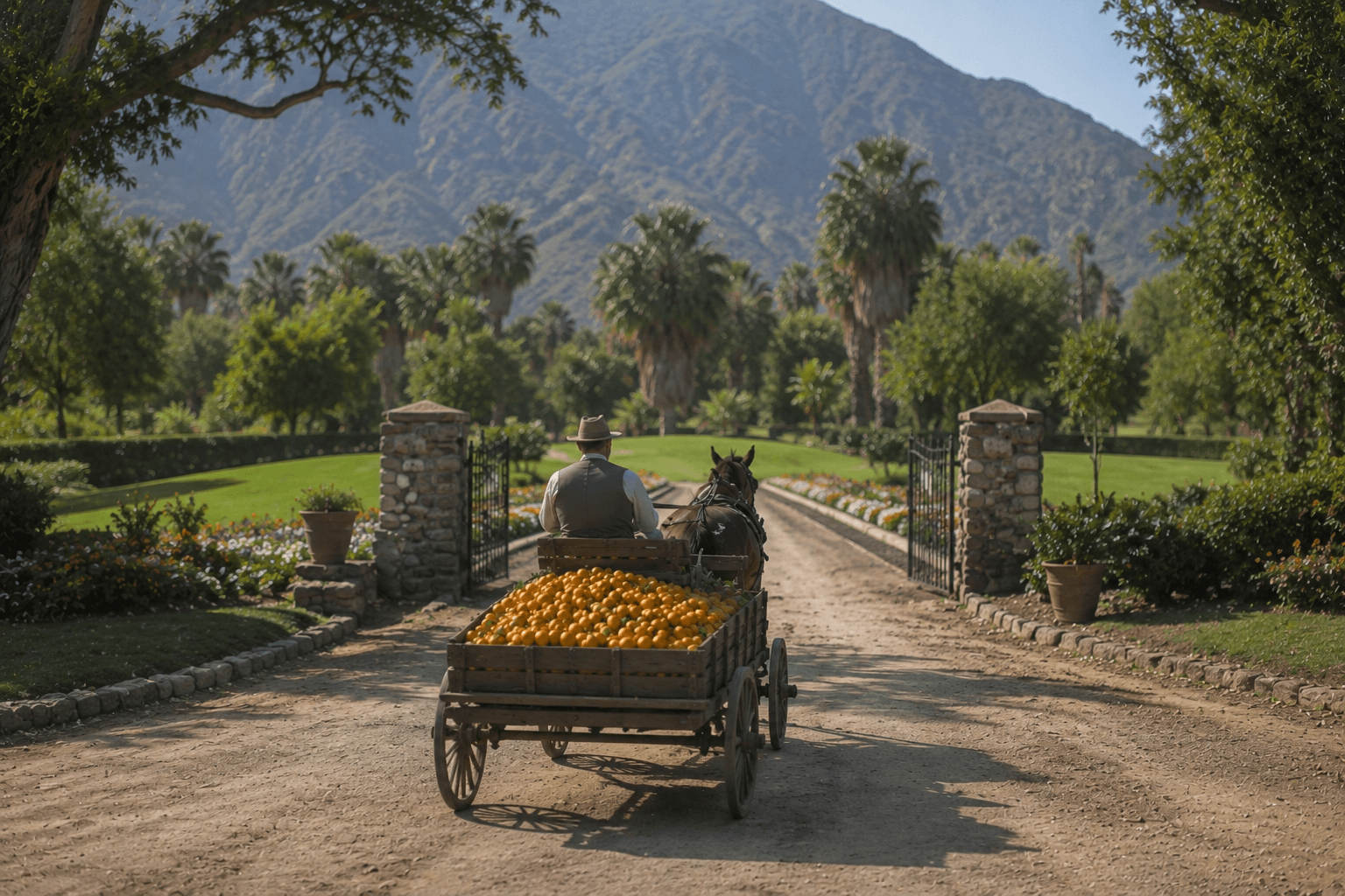 AI historical reconstruction of John L. Marshall returning to Marshall Ranch with a horse-drawn citrus wagon in early La Quinta