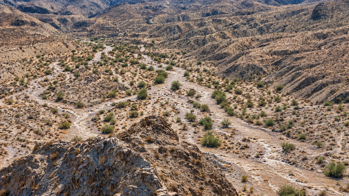 AI visualization based on Mark Miller’s La Quinta Cove photograph, with sediment-laden runoff added to the existing dry washes.