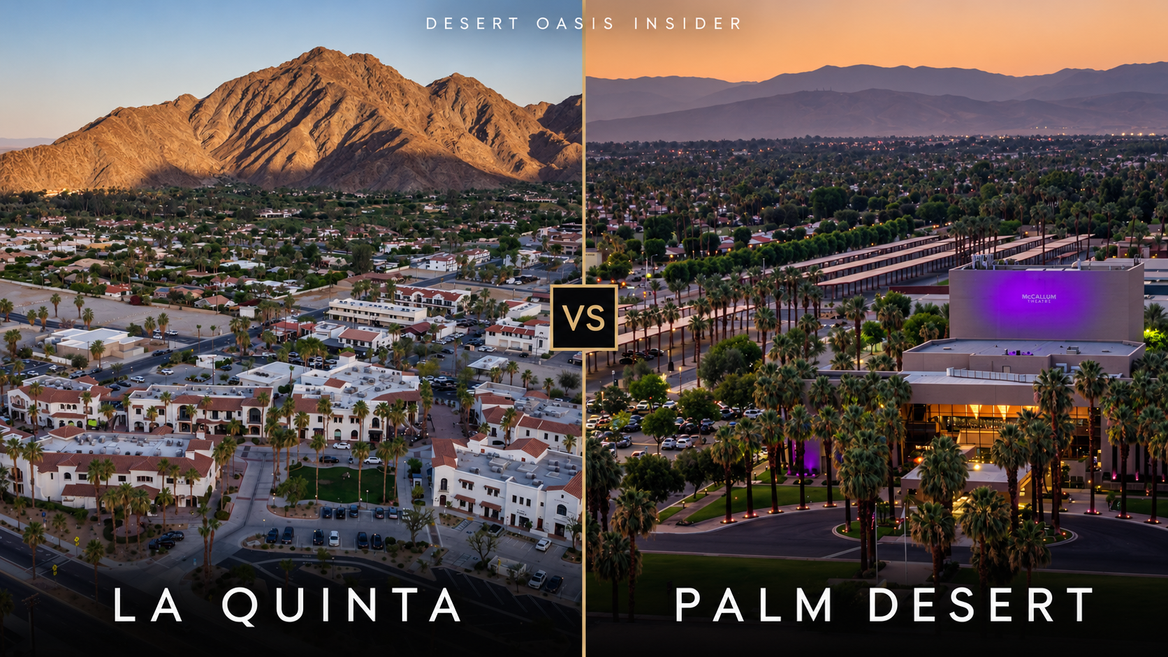 La Quinta and Palm Desert comparison cover featuring Old Town La Quinta and the Santa Rosa Mountains beside the McCallum Theatre in Palm Desert at sunset.