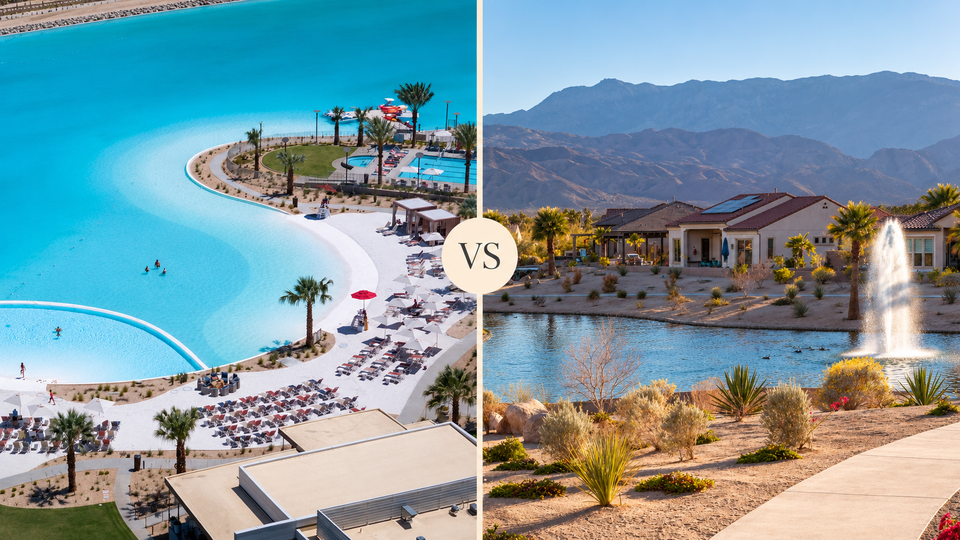 Cotino Bay and Del Webb Rancho Mirage lakeside homes in a split comparison