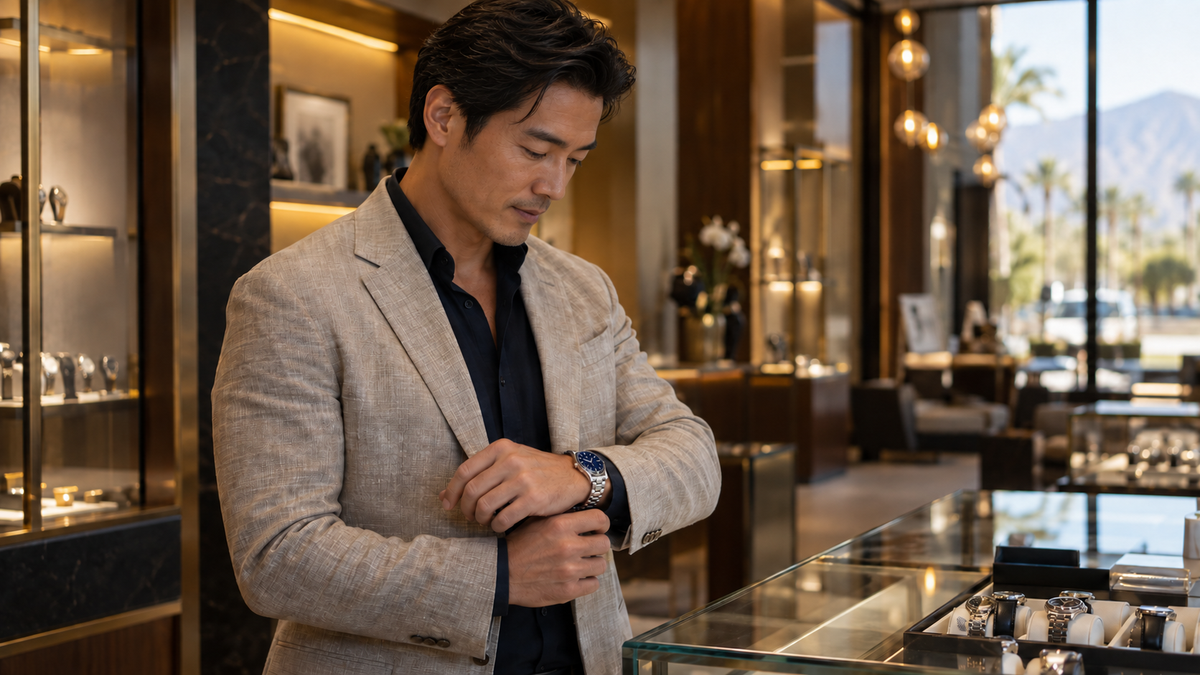 AI-generated editorial image of a man examining a wristwatch in an elegant watch boutique.