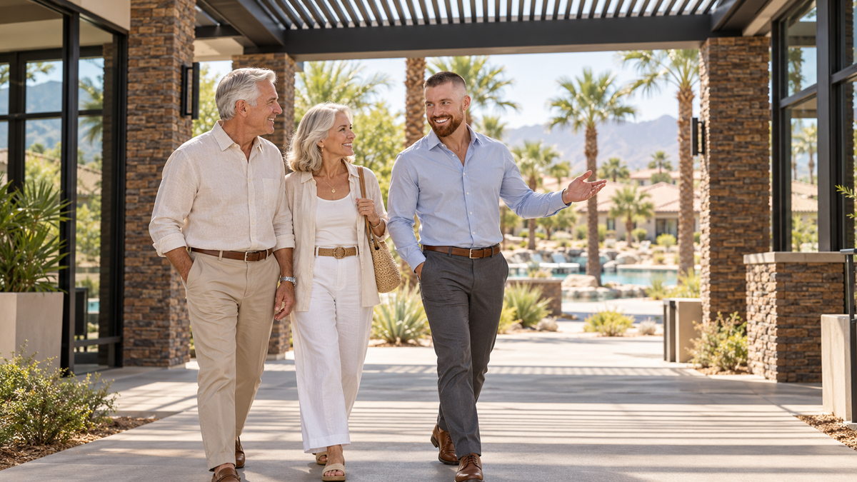 AI-created illustration of Mark Miller in a light-blue shirt touring The Outlook clubhouse entrance with an older couple at Del Webb Rancho Mirage.