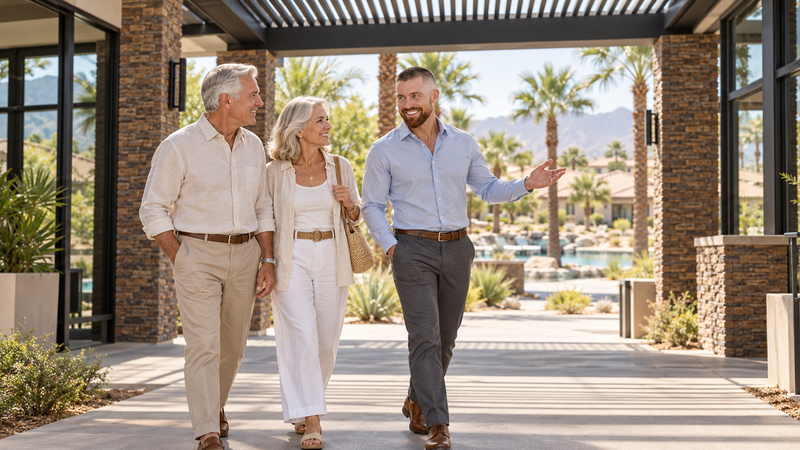 AI-created illustration of Mark Miller in a light-blue shirt touring The Outlook clubhouse entrance with an older couple at Del Webb Rancho Mirage.