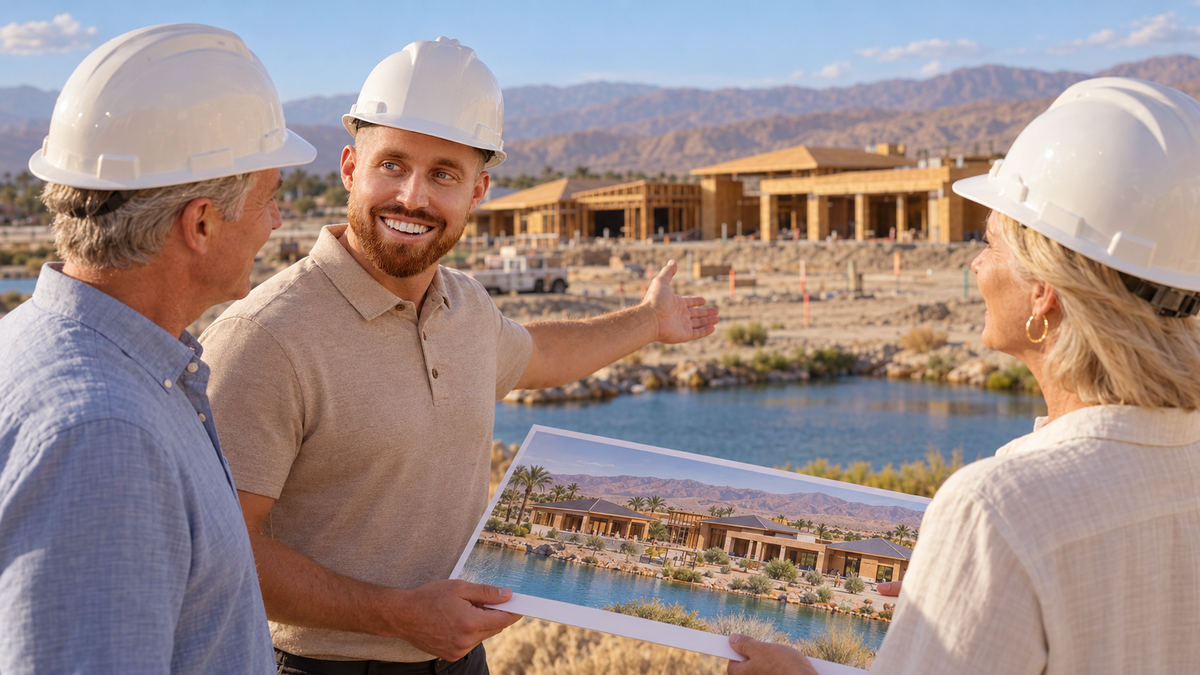 AI-created illustration of Mark Miller in a hard hat showing two clients an Oasis Clubhouse concept at Desert Retreat, Indio.