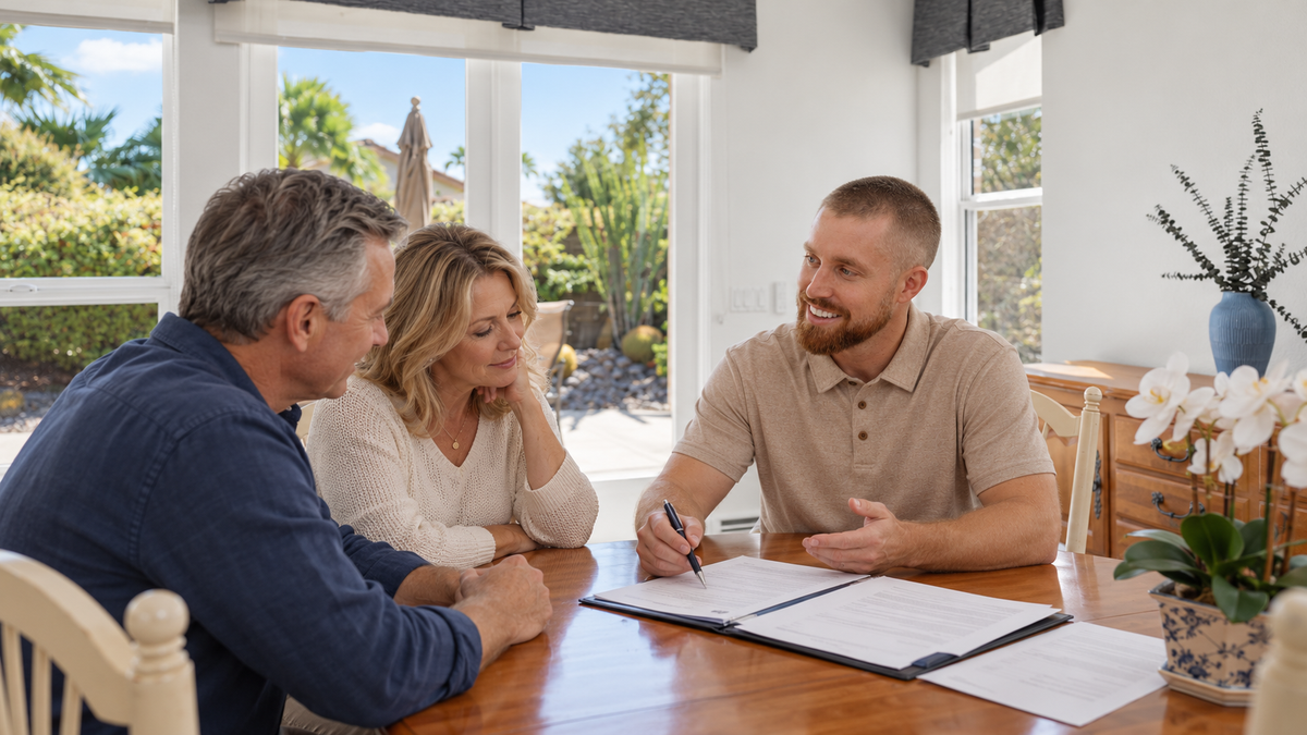 AI-created illustration of Mark Miller discussing listing paperwork with two prospective sellers in the Juniper Lane dining room.