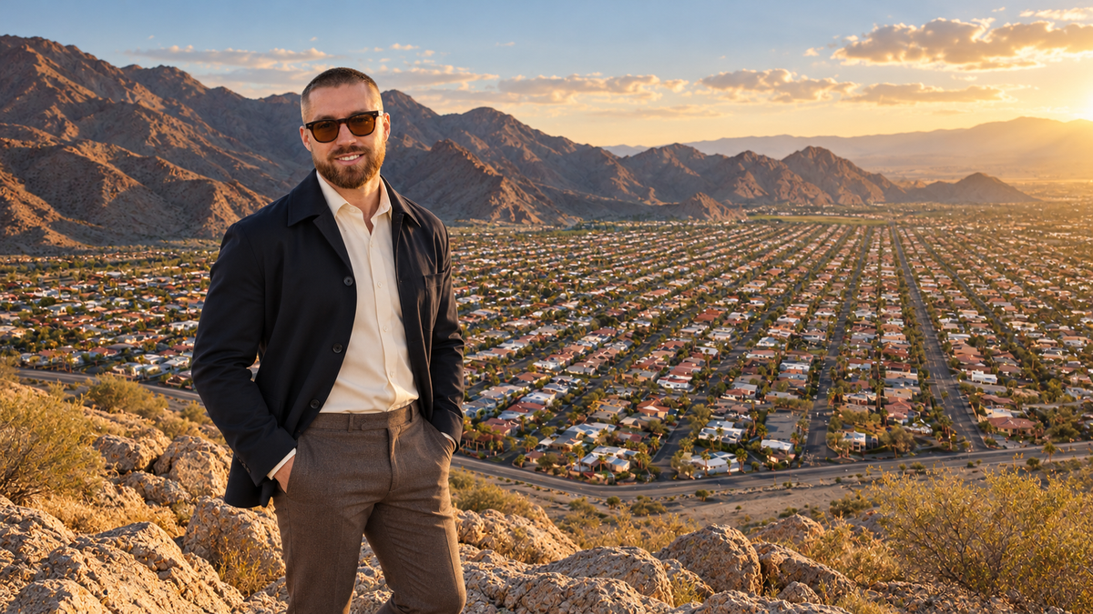 AI-created composite of Mark Miller smiling in business attire on a mountain overlook above La Quinta Cove.