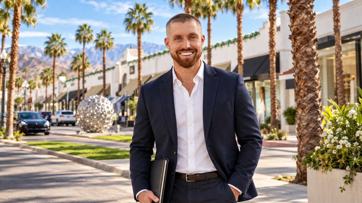 AI-created composite of Palm Desert real estate agent Mark Miller in a navy blazer on El Paseo, based on his portrait and original location photograph.