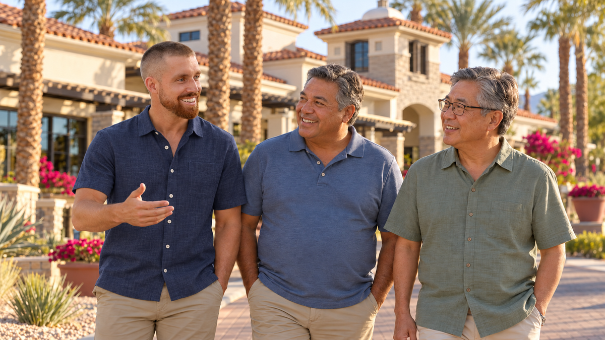 AI-created illustration of Mark Miller in a navy shirt touring Santa Rosa Clubhouse with two prospective buyers at Sun City Shadow Hills.
