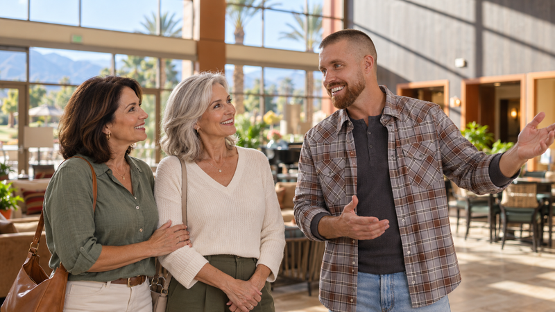 AI-created illustration of Mark Miller showing the Trilogy La Quinta clubhouse to two prospective buyers.