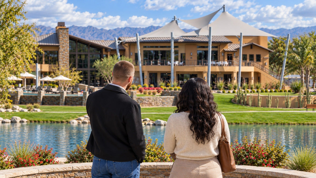 AI-generated illustration of Mark Miller giving a prospective buyer a Trilogy Polo Club community tour beside the pond, with the clubhouse ahead.