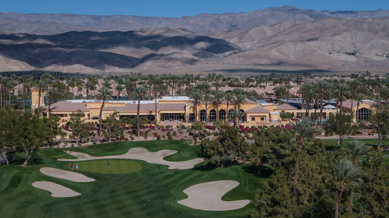 Aerial view of Mountain View Clubhouse and golf course at Sun City Palm Desert