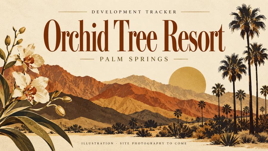 AI-generated editorial illustration for the Orchid Tree Resort development tracker, with desert mountains, palms and orchids. Not a photograph or architectural rendering.