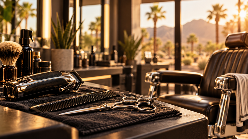 AI-generated editorial illustration of barber tools and a chair in a desert barbershop; not a photograph of a named business.