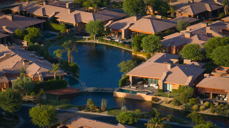 Aerial view of Palmilla La Quinta lakes and luxury homes