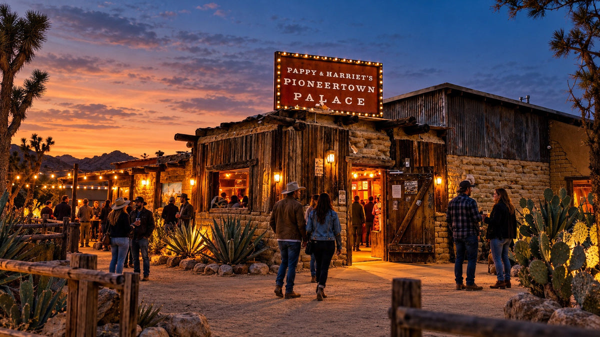 AI-generated illustration of an imagined evening outside Pappy & Harriet’s in Pioneertown