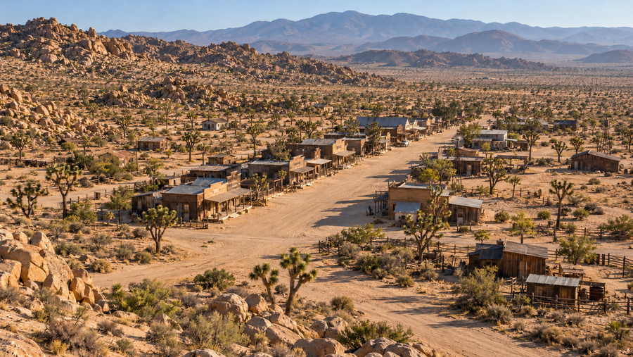 AI-generated historical reconstruction of an imagined aerial view of Pioneertown around 1949, with Western storefronts and the Mojave landscape; not an archival photograph or exact site plan.
