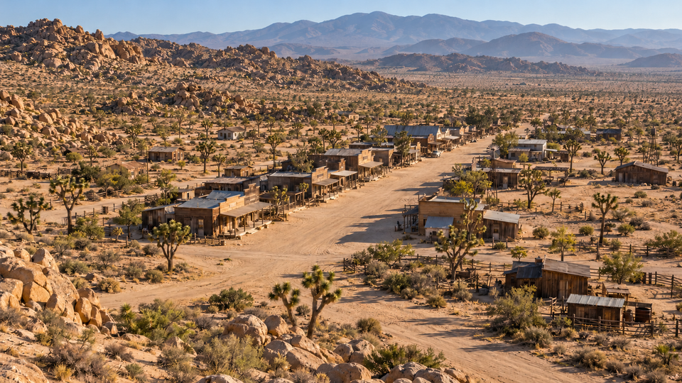 AI-generated historical reconstruction of an imagined aerial view of Pioneertown around 1949, with Western storefronts and the Mojave landscape; not an archival photograph or exact site plan.