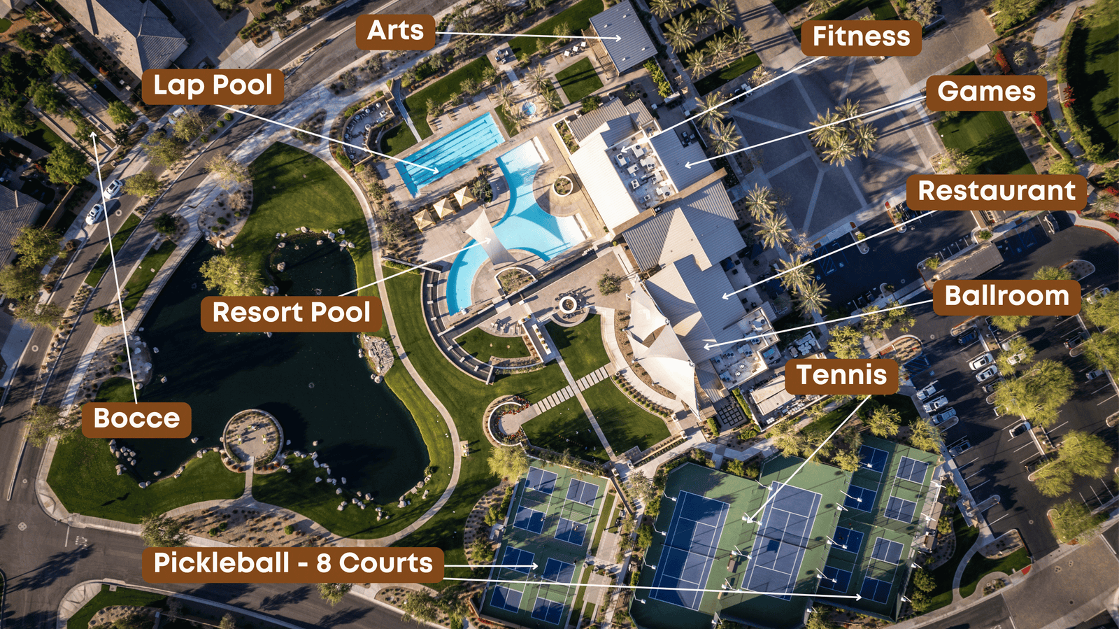 Annotated aerial view of Trilogy Polo Club amenities in Indio