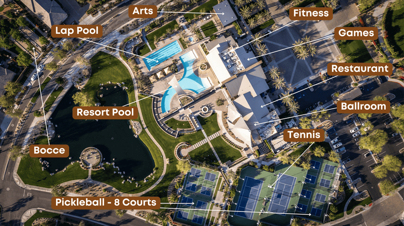 Annotated aerial view of Trilogy Polo Club amenities in Indio